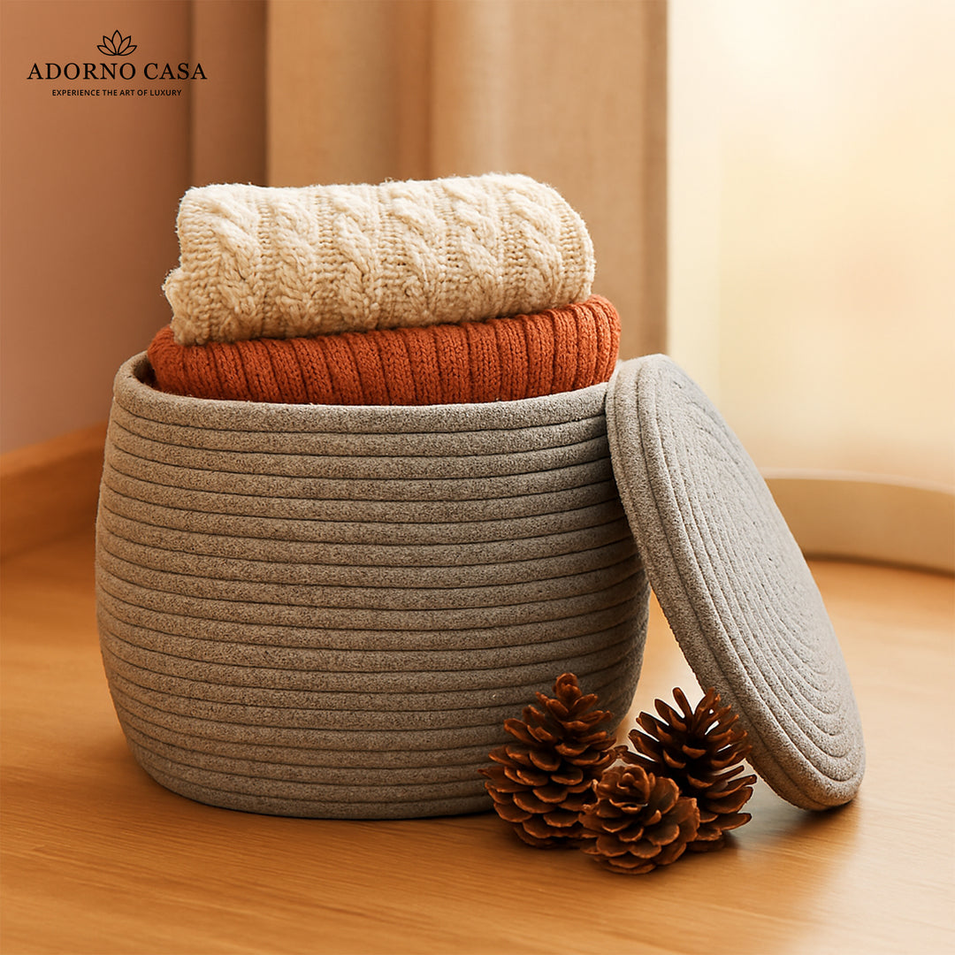 Luna Cotton Grey Bulbous Basket with Lid