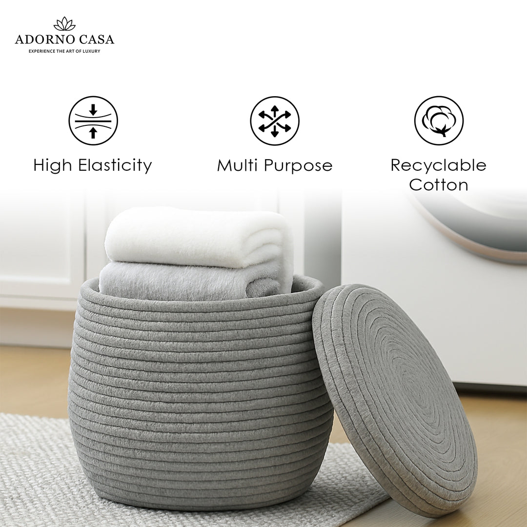 Luna Cotton Grey Bulbous Basket with Lid