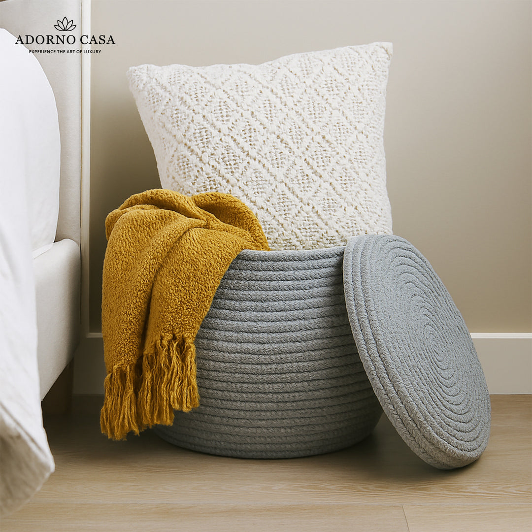 Luna Cotton Grey Bulbous Basket with Lid