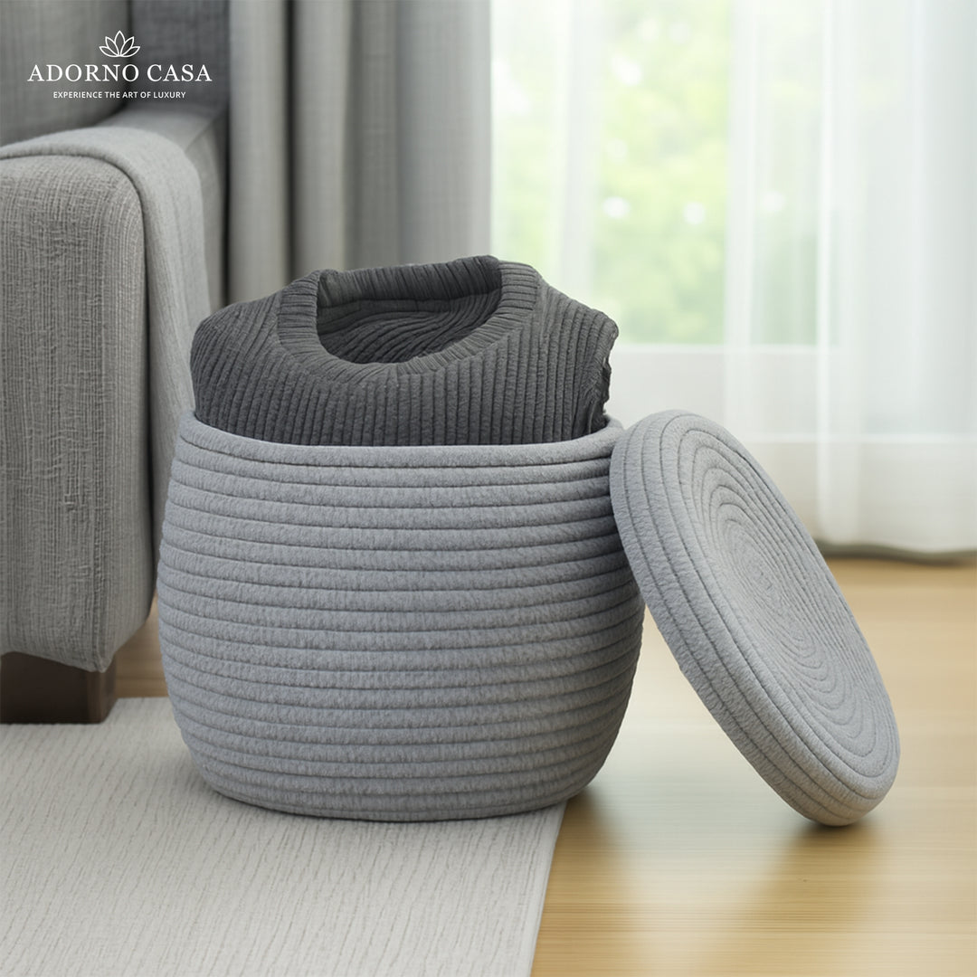Luna Cotton Grey Bulbous Basket with Lid