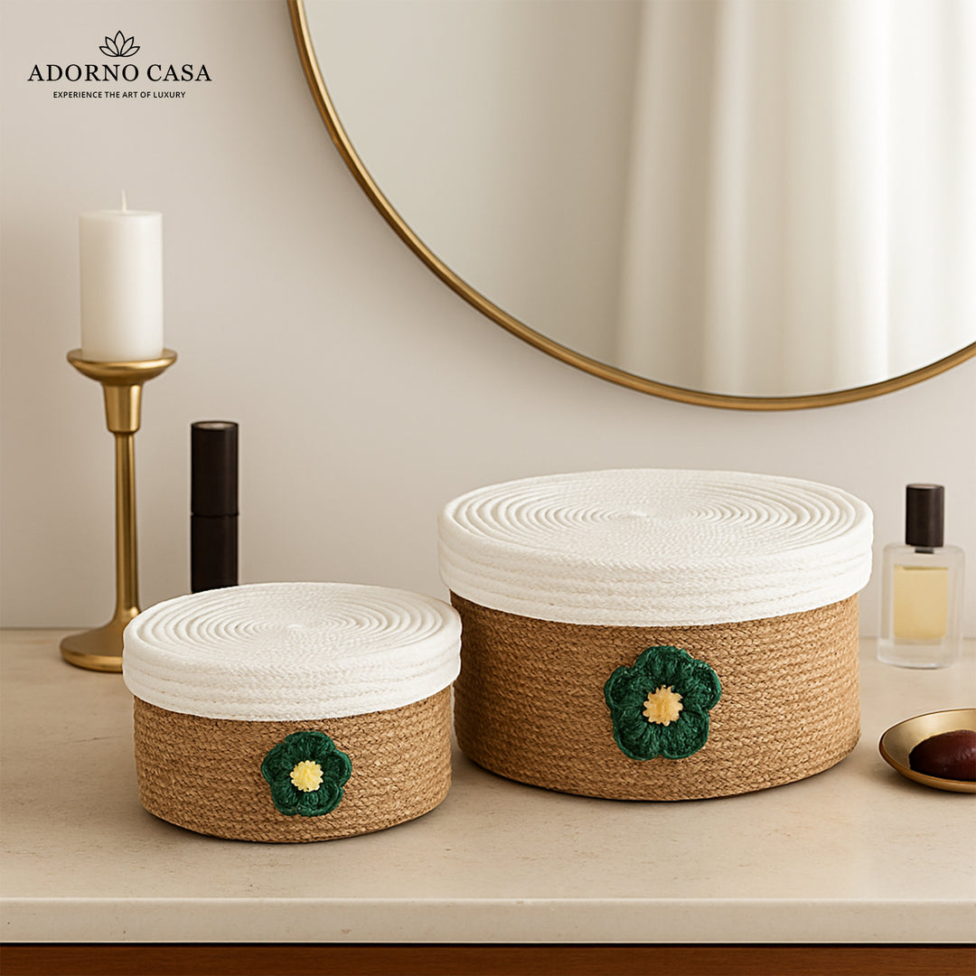 Beige Bloom Jute & Cotton Basket with Lid – Set of 2