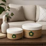 Load image into Gallery viewer, Beige Bloom Jute &amp; Cotton Basket with Lid – Set of 2