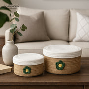 Beige Bloom Jute & Cotton Basket with Lid – Set of 2
