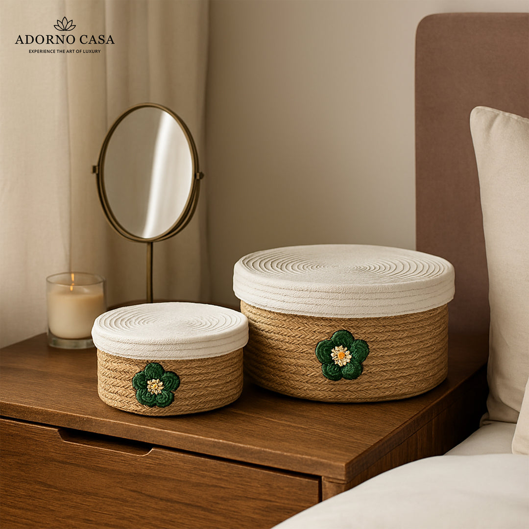 Beige Bloom Jute & Cotton Basket with Lid – Set of 2