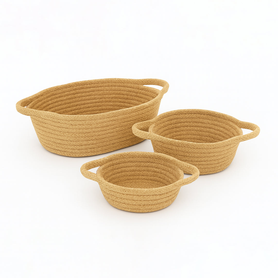 Oria Jute-Cotton Basket – Brown Handle Set of 3