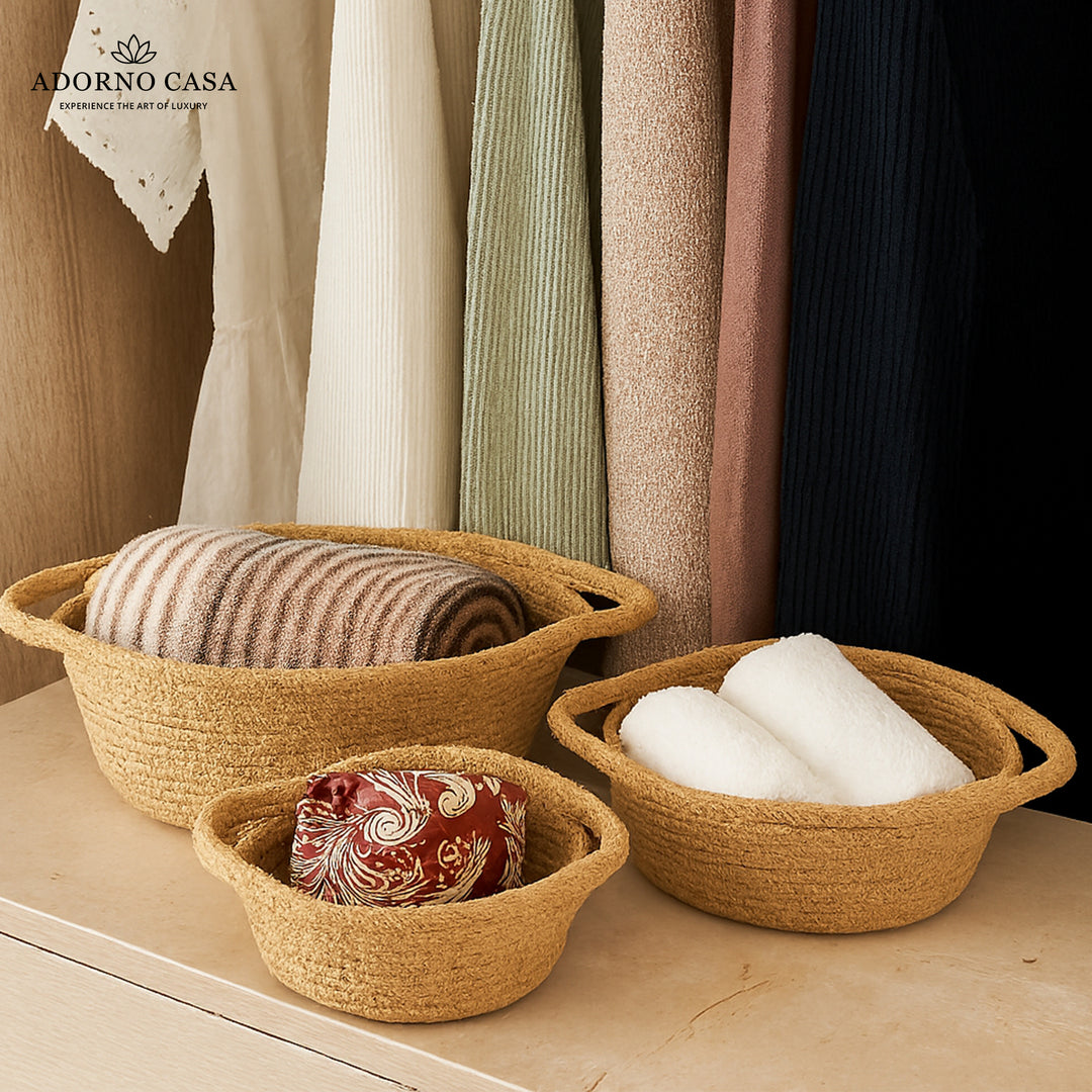 Oria Jute-Cotton Basket – Brown Handle Set of 3