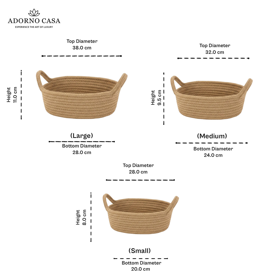 Oria Jute-Cotton Basket – Brown Handle Set of 3