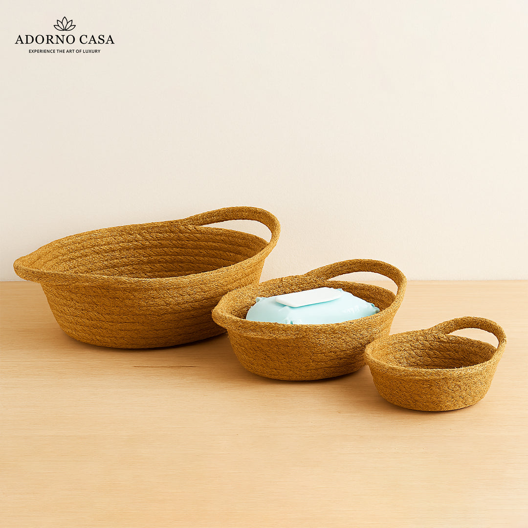 Oria Jute-Cotton Basket – Brown Handle Set of 3