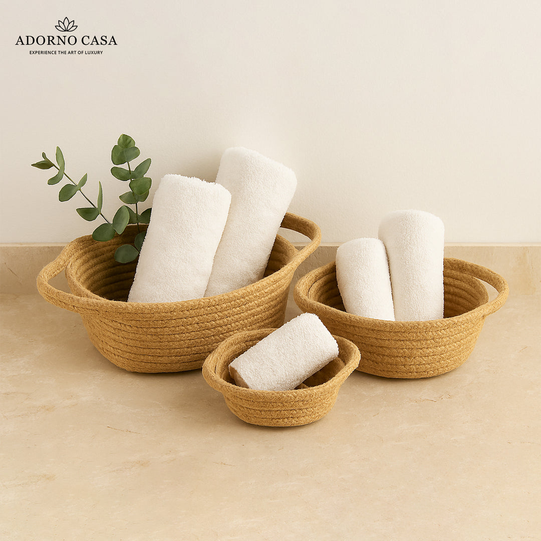 Oria Jute-Cotton Basket – Brown Handle Set of 3