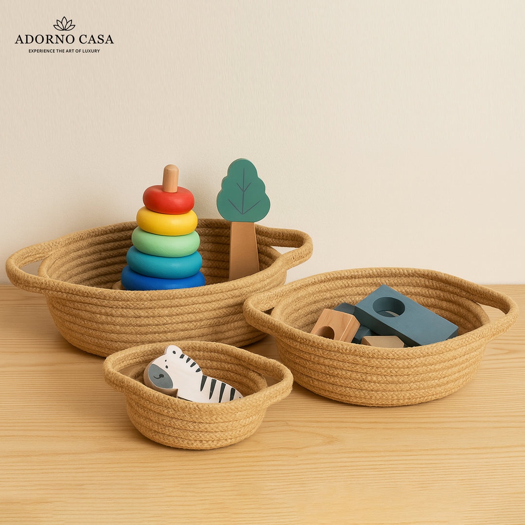 Oria Jute-Cotton Basket – Brown Handle Set of 3