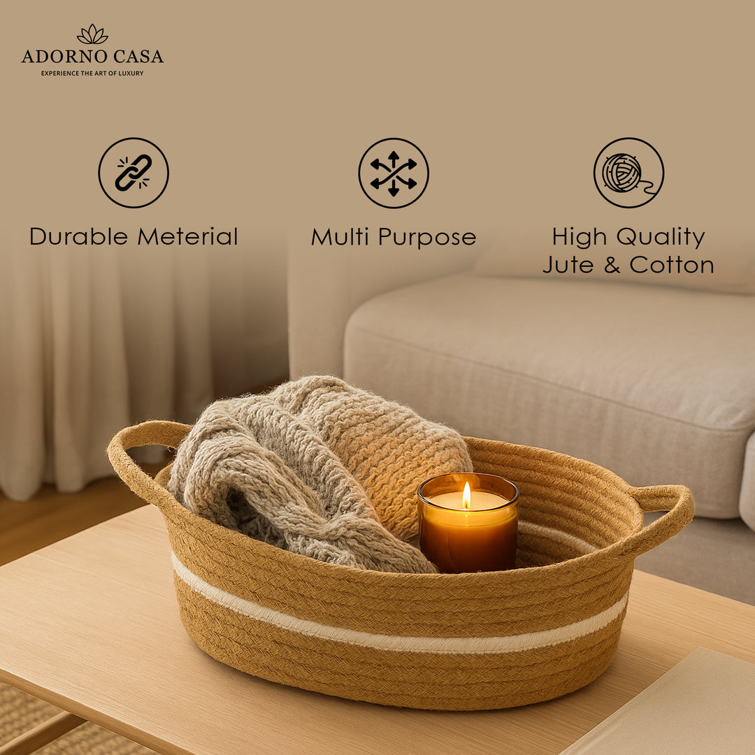 Lyra Jute & Cotton Oval Basket – White Line Design