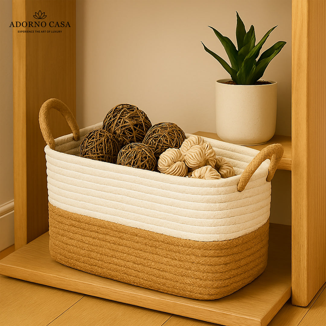 Raya Recta Jute & Cotton Basket – Brown Handle