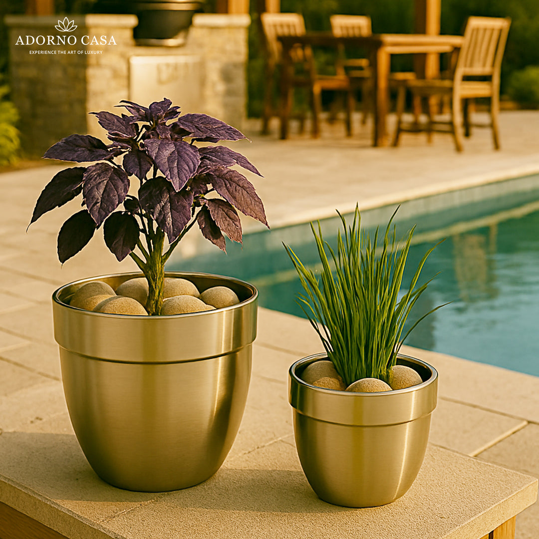 Solis Curved Metallic Finish Metal Planter Set of 2